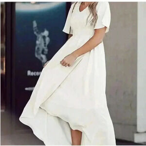 Zattcas Women Short Sleeve Summer V Neck High Low Smocked Maxi Dress Size XS